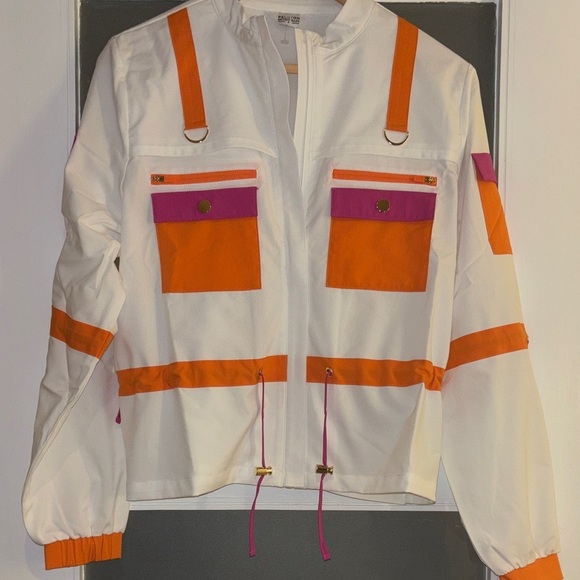 Peloton Jackets & Blazers - PELOTON CARGO JACKET NWTS WHITE ORANGE FUCHIA ZIP CLOSURE DRAW STRING GOLD TABS
